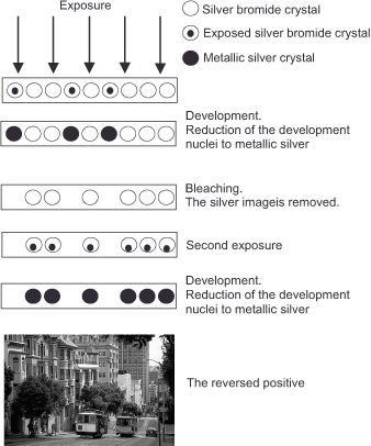 Diagram illustrating the exposure and development process of a black and white reversal film. Includes stages: exposure with arrows, development, bleaching, second exposure, and reversed positive image of a street with buildings and vehicles.
