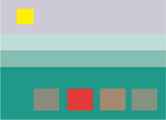 A minimalist abstract composition with a light purple background. A small yellow square is at the top left, and horizontal bands in light blue and teal fill the center. The bottom has five squares in muted colors, including red and brown. It is an illustration of how we use colors as a clue to the perception of spatial depth.