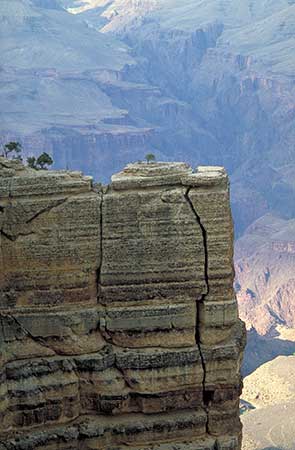 The image shows a close-up of a rugged cliff edge in Grand Canyon with visible horizontal layers, overlooking a vast, deep canyon. Sparse vegetation grows on the cliff top, and the canyon extends into the hazy distance under a soft light. It is an example of an image that uses clearly recognizable planes to create spatial depth.
