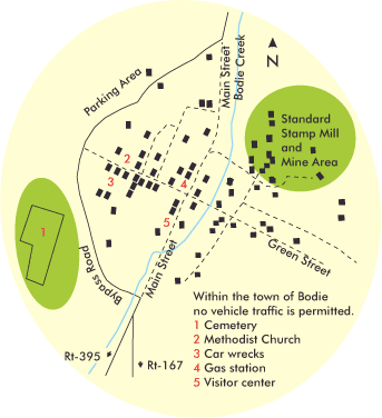 Line drawn map of Bodie Ghost Town
