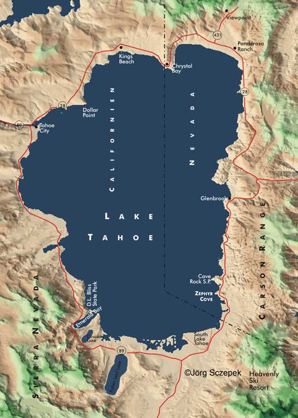 Colored topographic map of the Lake Tahoe area