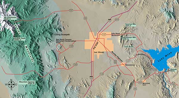 Colored topograpic map of Las Vegas/Nevada ans vicinity with the Spring Mountains in the west and Lake Mead in the east.