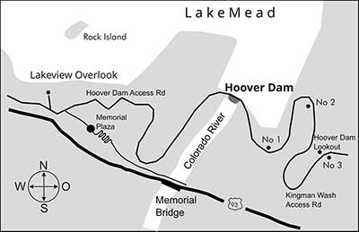Line drawn map of the area around Hoover Dam, Lake Mead and the Colorado River