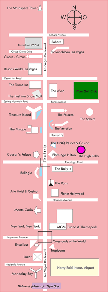 Line drawn map of Las Vegas Boulevard with all major hotels