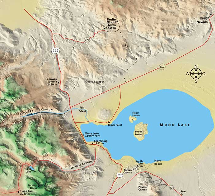 Colored topographic map of the Mono Lake area with Bodie Ghost Town, Rt-395 and Lundy Canyon