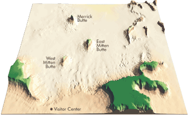 Colored topographic map of Monument Valley showing the lighting at midday on July 1