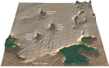 Colored topographic map of Monument Valley showing the lighting at sunrise on July 1
