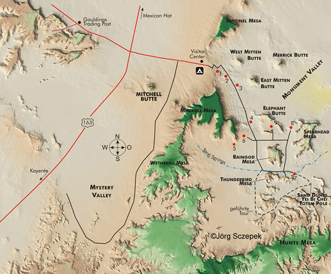 Colored topographic map of the area arounf Monument Valley with the Buttes , Hunts Mesa and Mystery Valley