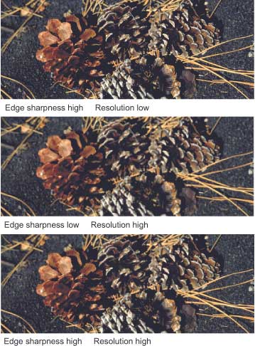 Three images of pine cones on the ground of black lava with pine needles. The top image has high edge sharpness and low resolution, the middle has low edge sharpness and high resolution, and the bottom has high edge sharpness and high resolution.