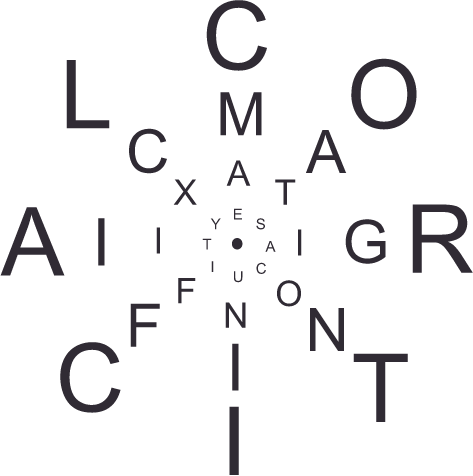 Diagram showing single letters, which are radial arranged.The letters are large on the outside and small on the inside. The letter sizes illustrate how much our resolution decreases from the visual center to the periphery.