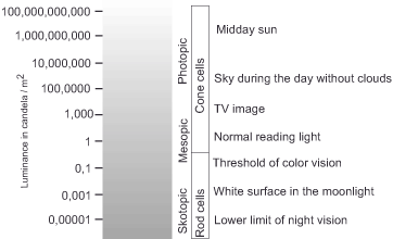 Graph showing light intensity in candela per square meter on the left and conditions from midday sun to night vision on the right. Categories: photopic, mesopic, scotopic. Lists scenarios like midday sun, TV image, and moonlight.